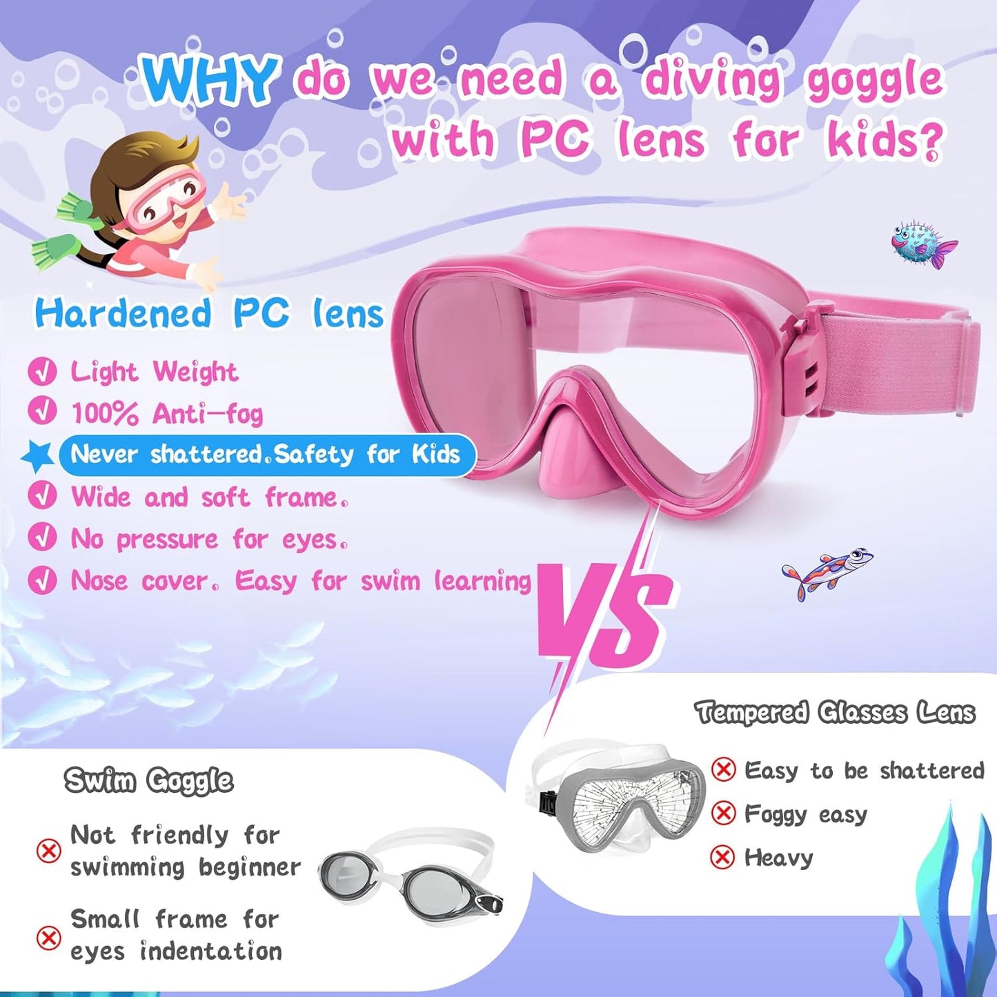 Kids Swim Goggles with Nose Cover, Anti-Leak Swim Mask with Elastic Fabric Strap, UV Protection Swimming Goggles for Kids