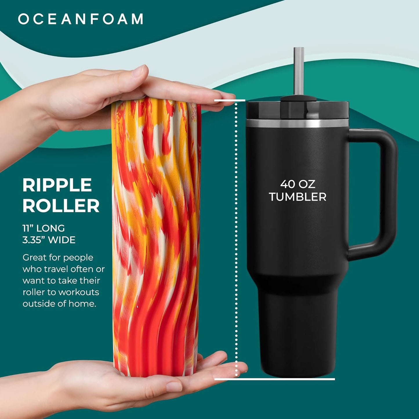 Oceanfoam Ripple Travel Foam Roller (11" x 3.35") Firm Mini Foam Roller for Physical Therapy, Deep Tissue Massage, Back Pain - High Density, Wave Textured, Yoga, Exercise (Red, Gold & Natural Marbled)