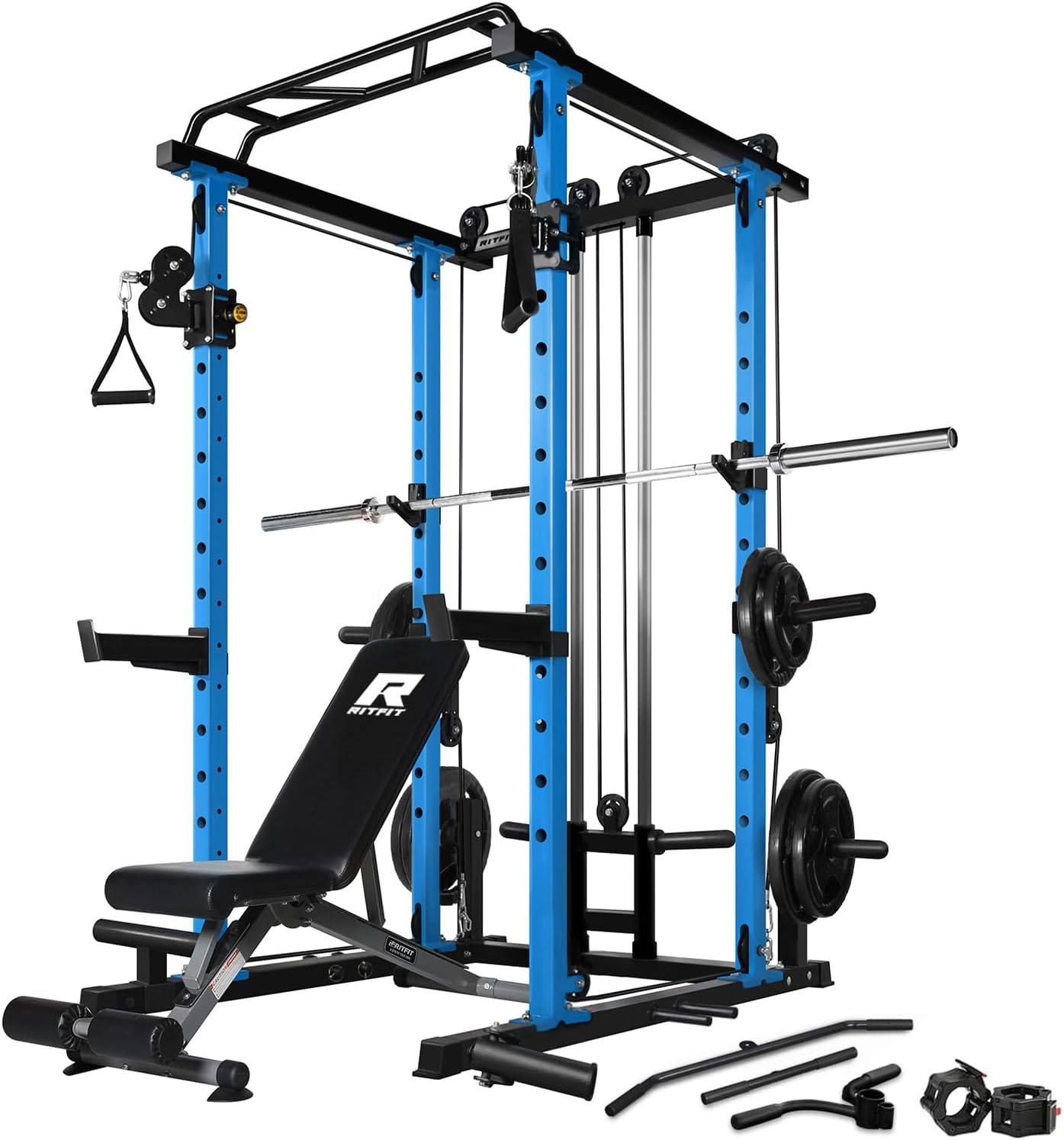 RitFit Power Cage with Optional LAT PullDown/Cable Crossover, 1000LB Squat Rack for Home & Garage Gym, with Weight Storage Rack and More Training Attachments, ASTM-Certified