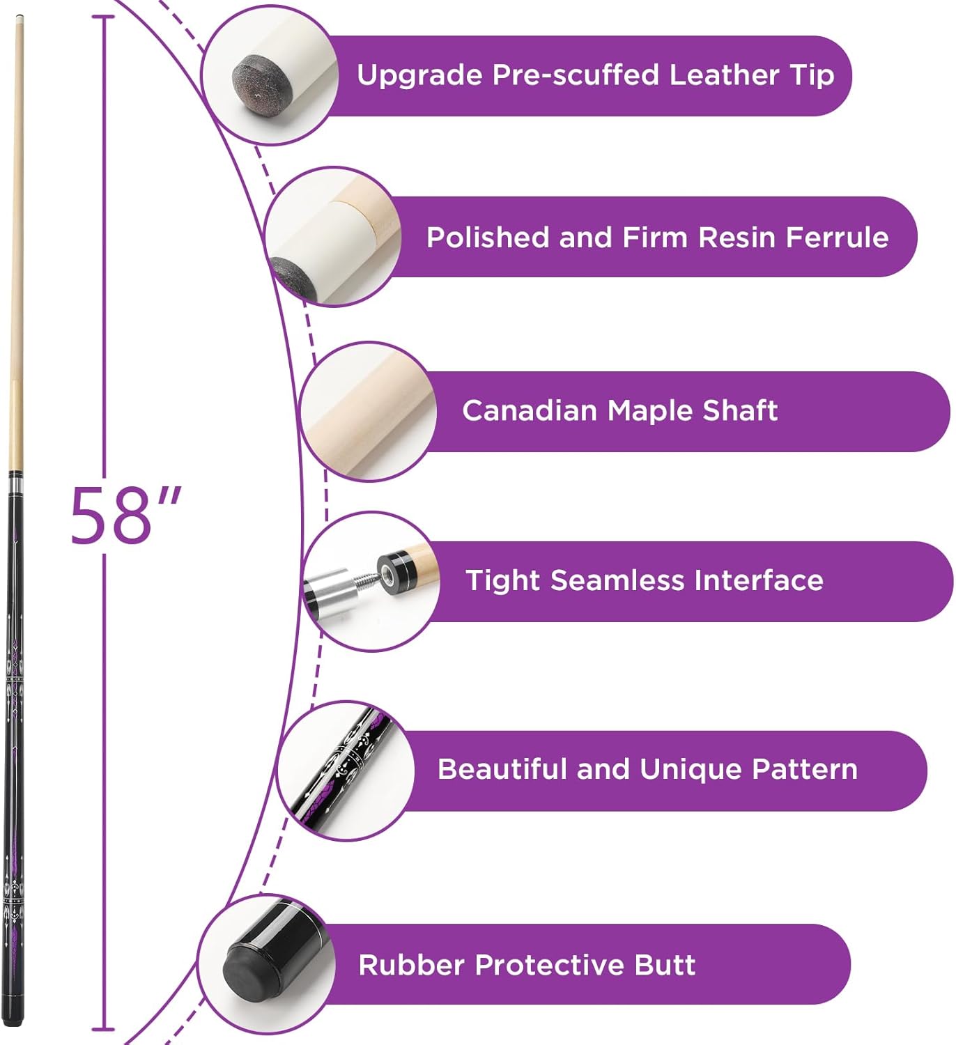 Pool Cue, 58" Billiard Cue Stick 2-Piece 13mm Maple Wood Pool Cue Stick 18 19 20 21oz for Bar House Pool Table Sports