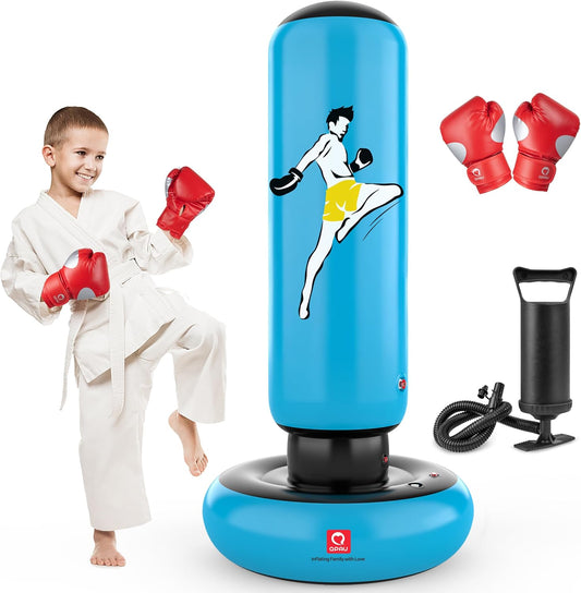QPAU Kids Punching Bag Toy with Boxing Gloves, 66 Inch Larger Stable Kids Inflatable Boxing Bag Set, Gifts for Boys & Girls Age 6-12, for Practicing Karate, Taekwondo, MMA