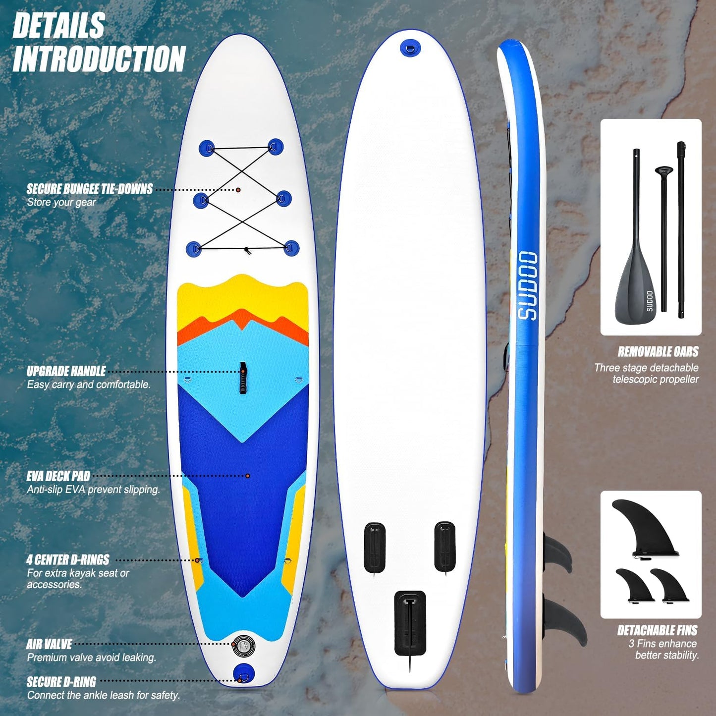 Inflatable Stand Up Paddle Board 10‘x30‘‘- Ultra-Light SUP with Backpack, Pump, Paddle, Coil Leash, 3 Fins, Repair Kit, Stable Design, Non-Slip EVA Deck for Adults & Youth