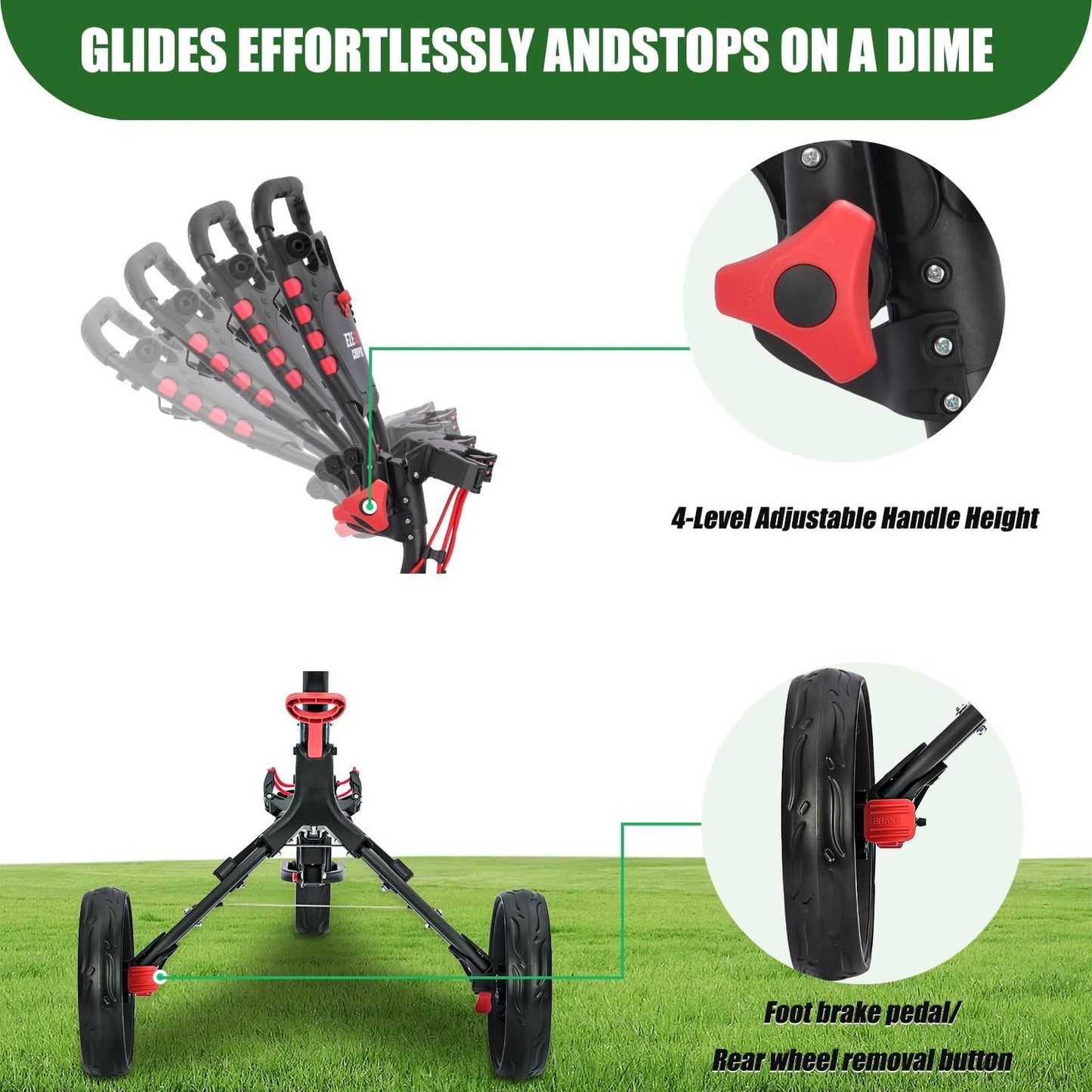 Golf Push Cart Series: 2-Wheel, 3-Wheel, 4-Wheel & 360° Swivel Front Wheel