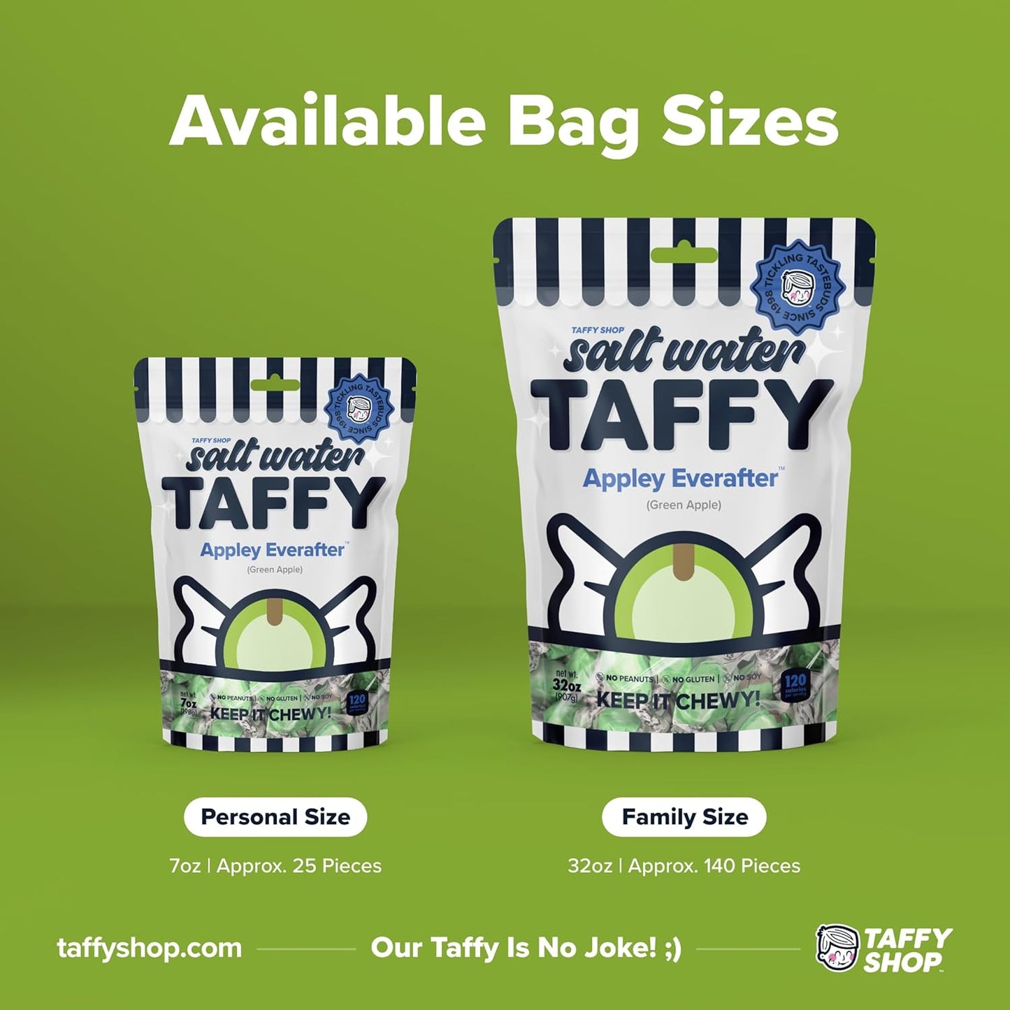 Taffy Shop Appley Everafter, Green Apple Salt Water Taffy Gourmet Soft Chewy Candy, Bulk Sweet Snack, Fresh Gift & Gluten-Free, 140 Individually Wrapped Pieces (32oz)