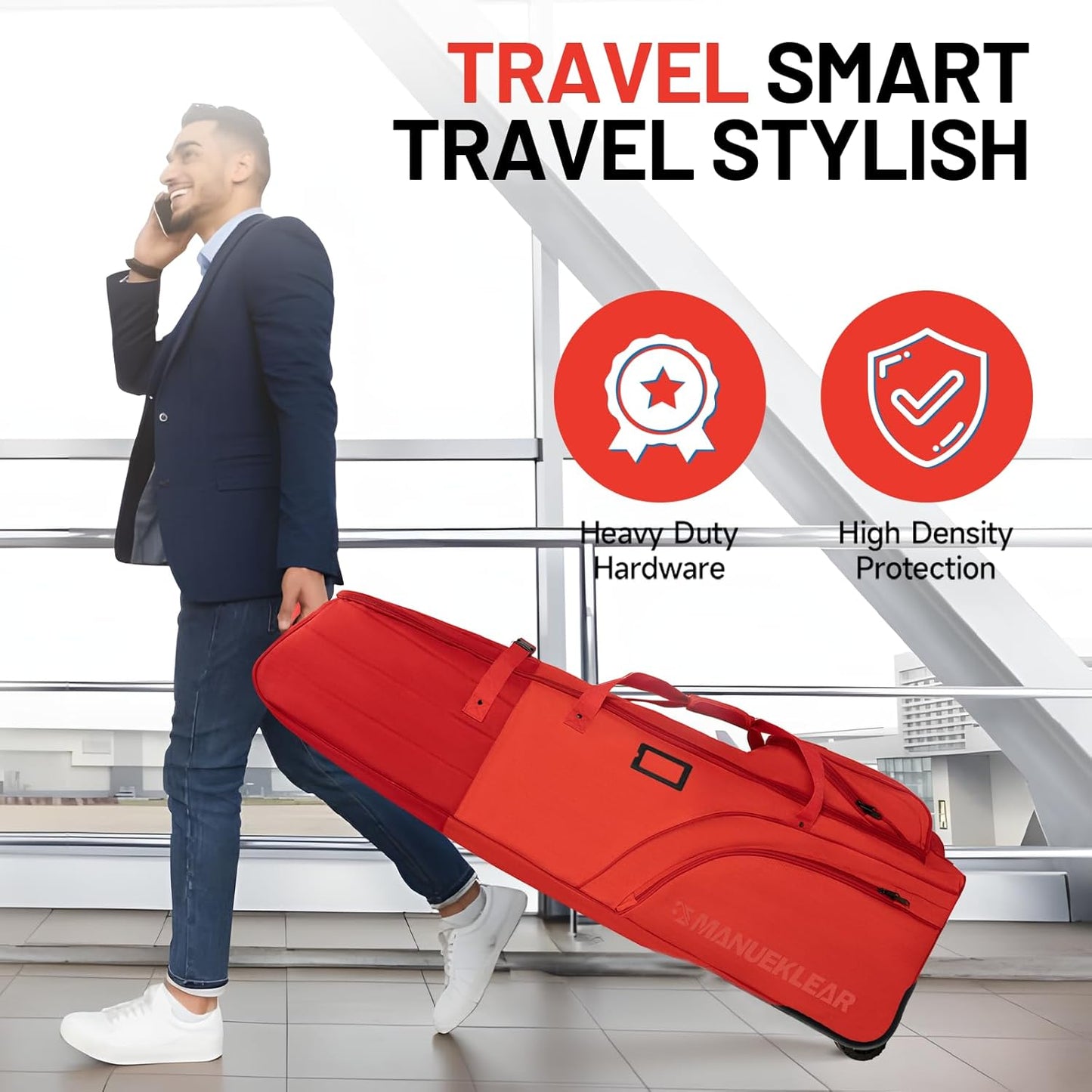 MANUEKLEAR 1680D Nylon Travel Golf Bags Club for Airlines with Wheels, Golf Travel Bags for Airlines with Padded Top, Golf Travel Case Cover with 3 Large Pocket for Golfer