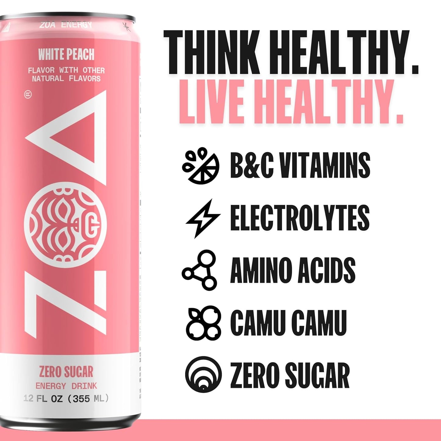 ZOA Zero Sugar Energy Drinks, White Peach - Sugar Free with Electrolytes, Healthy Vitamin C, Amino Acids, Essential B-Vitamins, and Caffeine from Green Tea - 12 Fl Oz (12-Pack)
