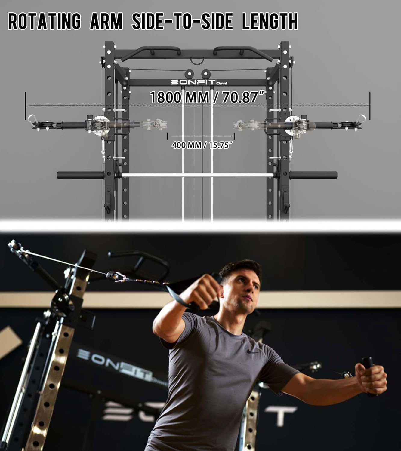 Eonfit E3 Smith Machine with 360°Rotating Arm for Home Gym Equipment, Multi-Function Power Cage Squat Rack with Cable Crossover LAT Pulldown Pulley System All in One