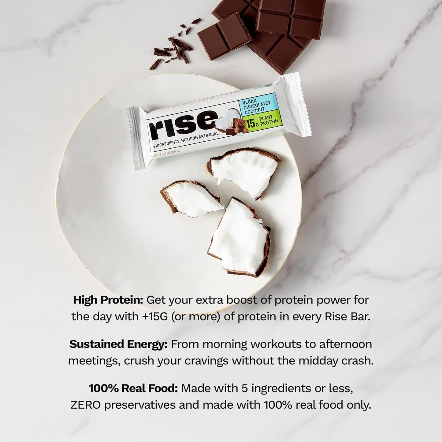 Rise Pea Protein Bar - Chocolately Coconut | Breakfast Bar & Protein Snack 15g Protein Just 5 Whole Food Ingredients Non-GMO Gluten-Free Soy Free