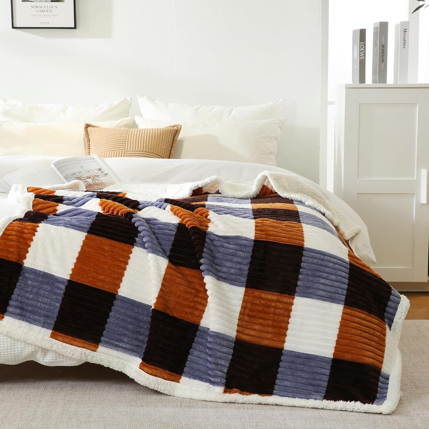 PU MEI Sherpa Blanket Twin Plaid Thick Bed Blanket, 80”*90” Super Soft Flannel Fuzzy Fleece Reversible Velvet Plush Warm Blanket for Couch (Brown Orange Check)