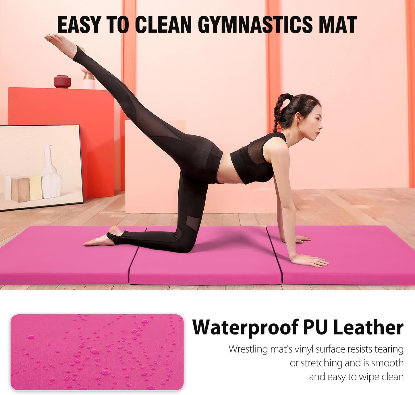 Gymnastics Tumbling Mats Portable Gymnastics Mat Foldable Tumbling Mat 2'x6'/4'x8' PU Leather Exercise Mat Yoga Mat with Carrying Handles for home Workout outdoor Yoga Gymnastics