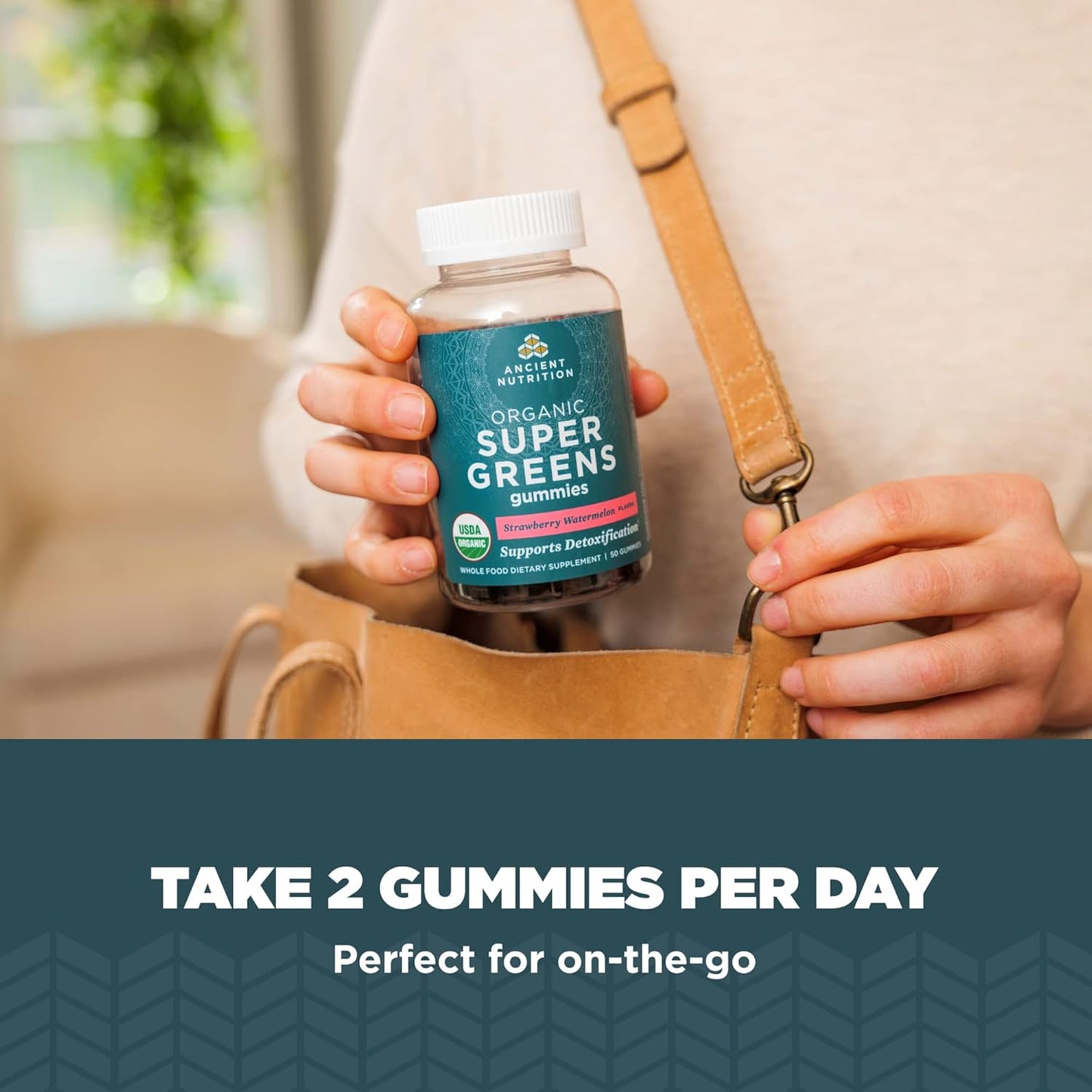 Ancient Nutrition Supergreens Gummy, Organic Superfood Gummy Made from Real Fruits, Vegetables and Herbs, for Digestive and Energy Support, 100 Count, Strawberry Watermelon