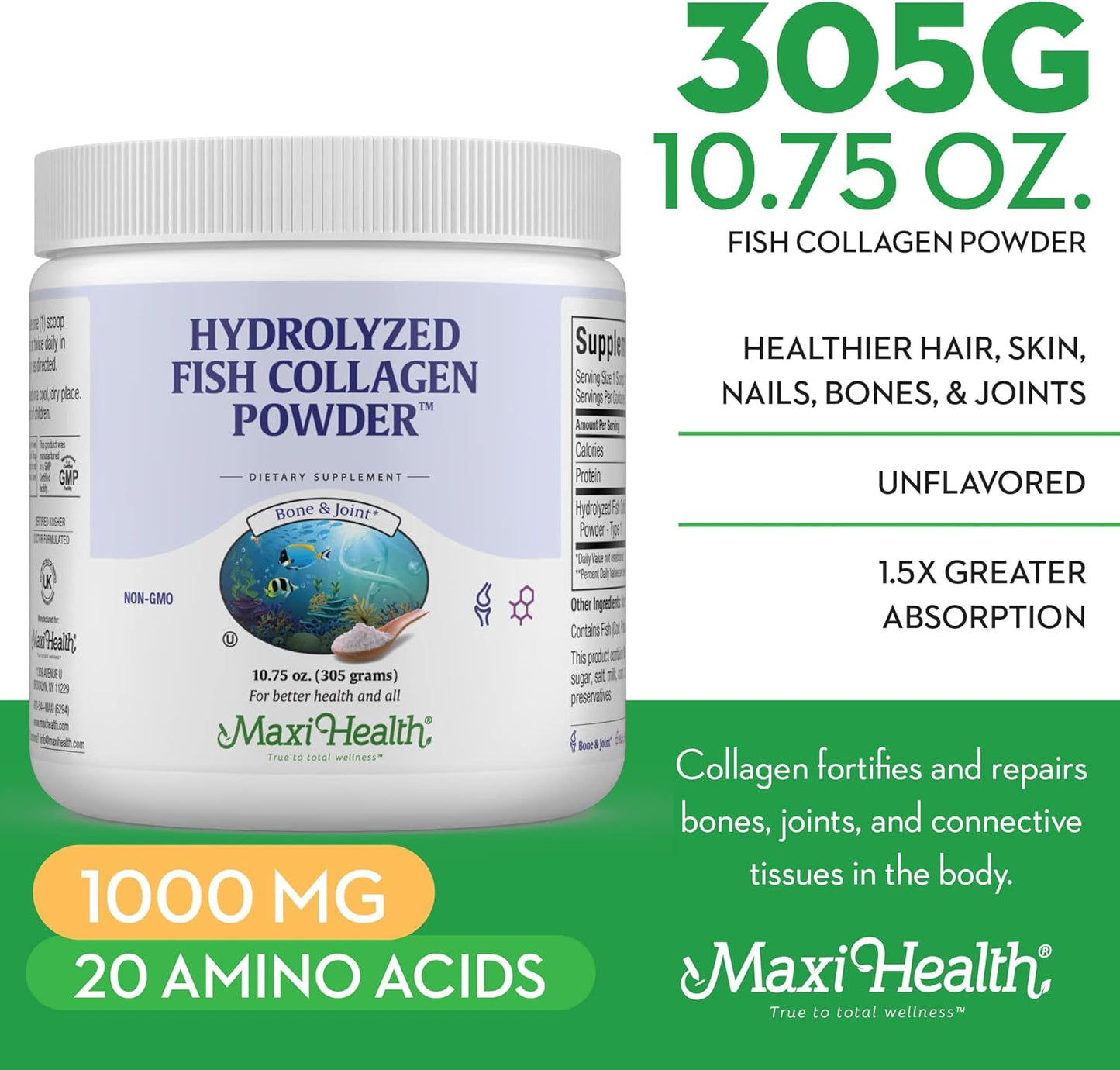 Maxi Health Collagen Peptides Powder – Type I Unflavored Marine Powder Collagen for Women & Men - Wild-Caught Protein Supplement for Joints, Skin, Hair & NailNails (10.75 oz)