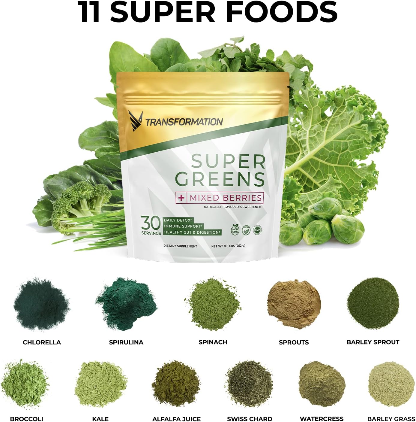Transformation Super Greens Superfood Green Juice Powder - Immune & Energy Support | Natural Ingredients | Detoxifying & Alkalizing Minerals - Spirulina, Chlorella, Wheatgrass, Spinach, Alfalfa