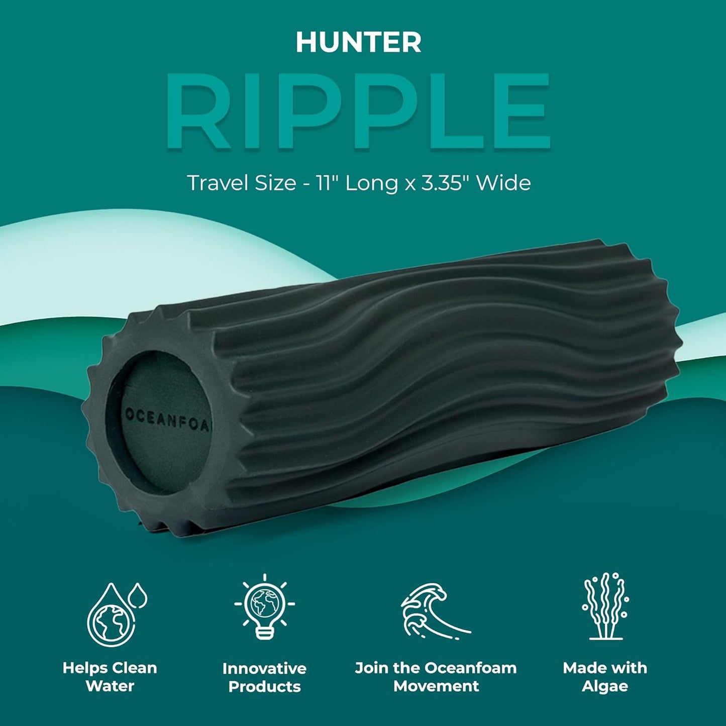 Oceanfoam Ripple Travel Foam Roller (11" x 3.35") Firm Mini Foam Roller for Physical Therapy, Deep Tissue Massage, Back Pain - High Density, Ergonomic Wave Textured - Yoga, Pilates, Exercise (Hunter)