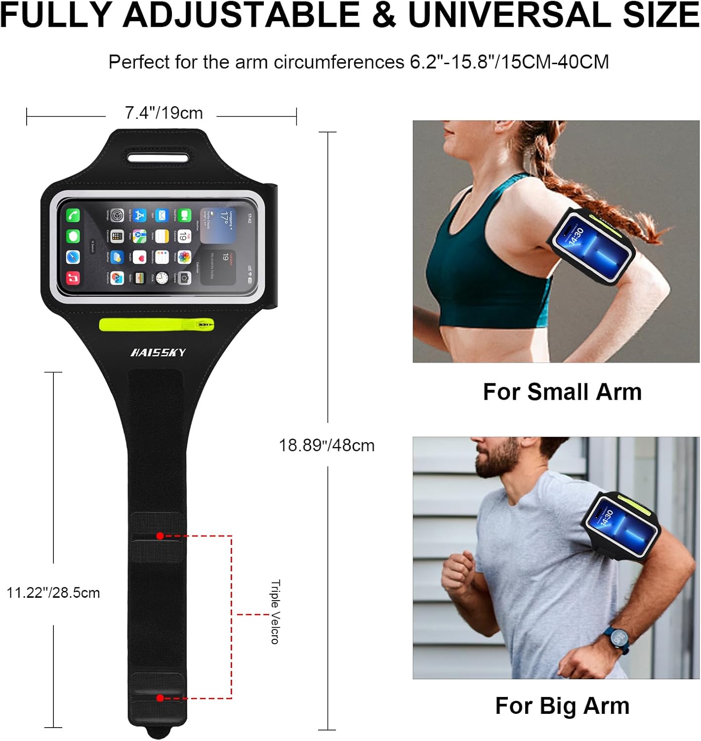 Cell Phone Running Armband with Zipper Pocket Armband Case Running Holder for iPhone 16 Pro Max/15/14 Pro Max/13/12 /11 Pro Max/XS/XR,Galaxy S20 S10,Sweatproof Arm Band with Card/Key Bag