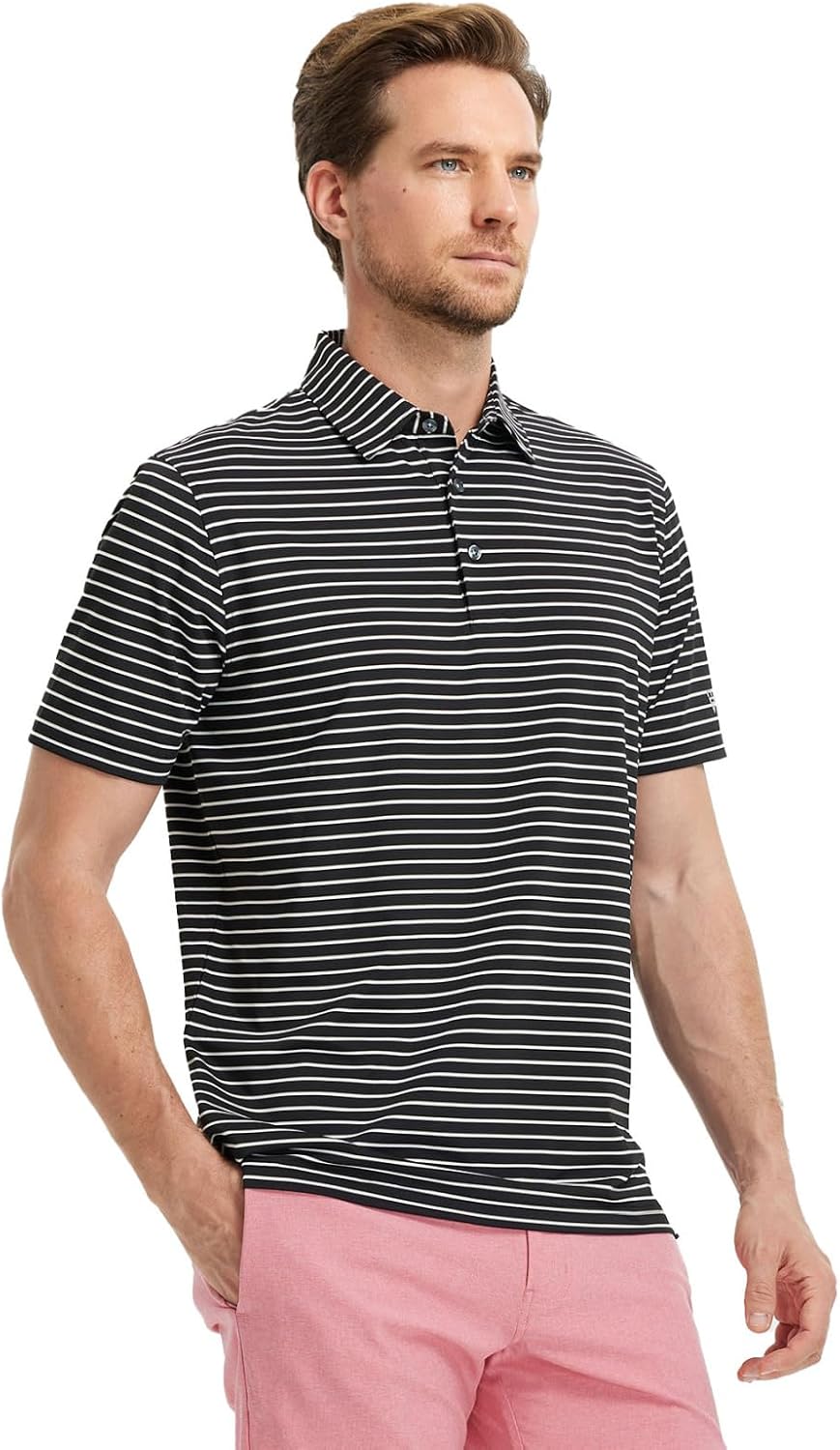 M MAELREG Golf Shirts for Men Moisture Wicking Striped Polo Performance Dry Fit Business Sports Mens Polo Shirts Short Sleeve