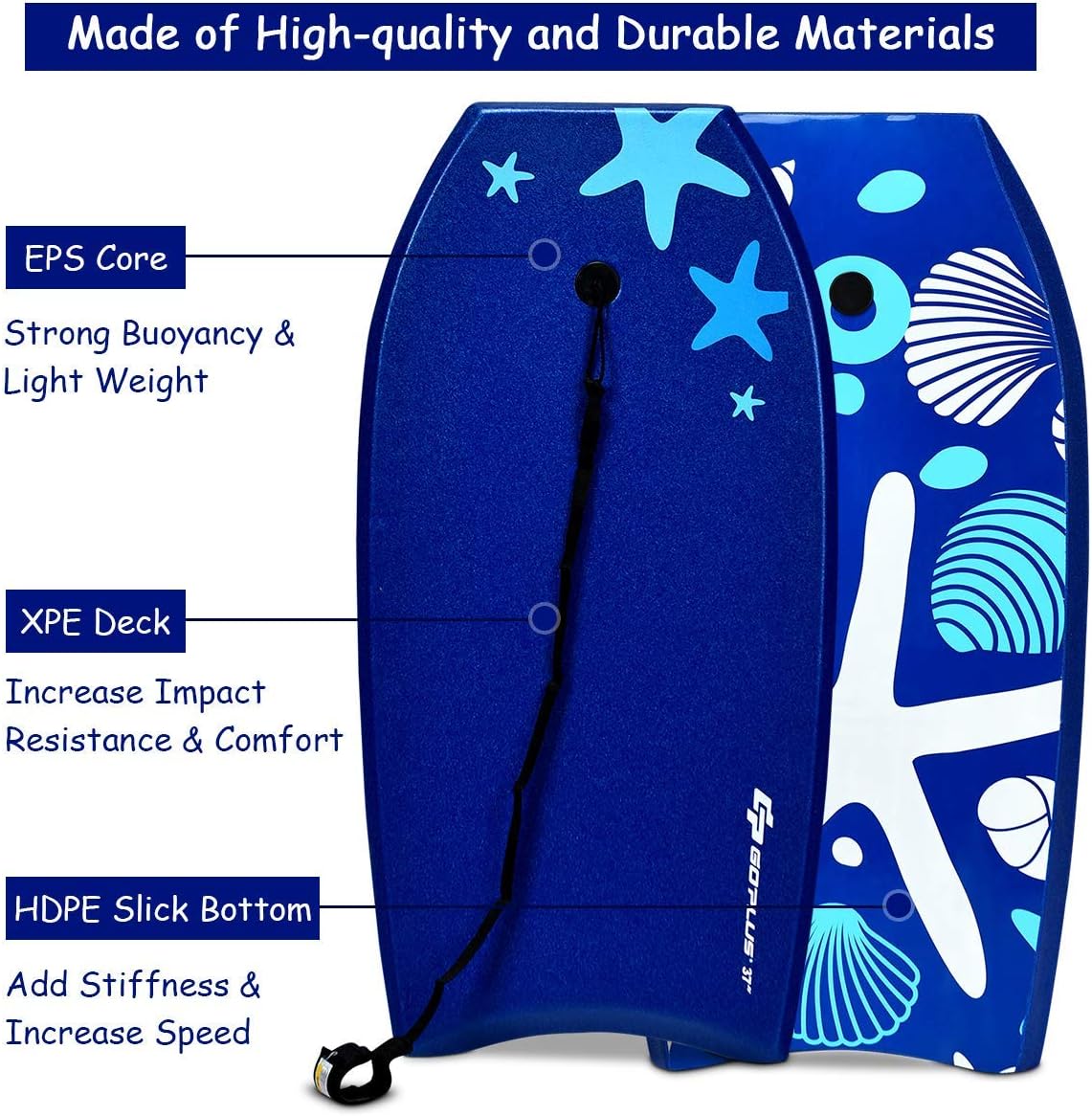 Goplus 41''/37''/33'' Lightweight Body Board for Beach, Surf Board with EPS Core, XPE Deck, HDPE Slick Bottom, Wrist Leash, Bodyboard for Kids Adults Surfing