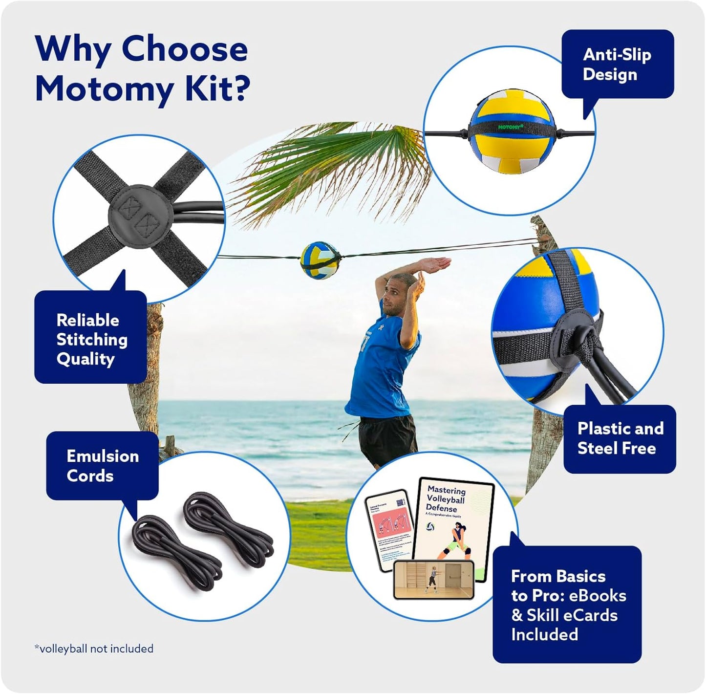 MOTOMY™ Volleyball Training Equipment Aid ‘VolleyPal’ – Solo Rebounder Trainer for Serve, Spike, Set & Pass; Indoor and Outdoor Practice Gear Gifts for Beginners & Experts