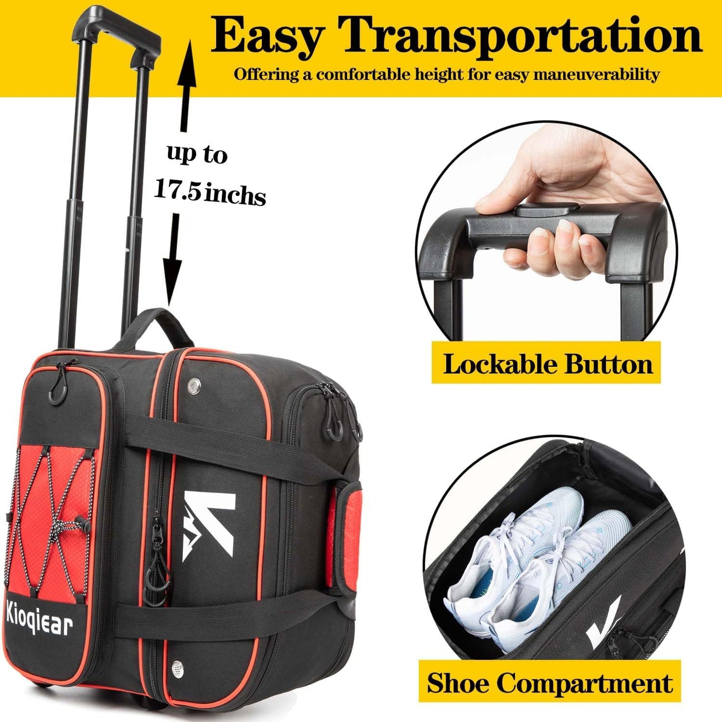 Double Roller 2 Ball Bowling Bag with Large Separate Shoe Compartment and Oversized Accessory Pocket, 36" Extendable Handle.