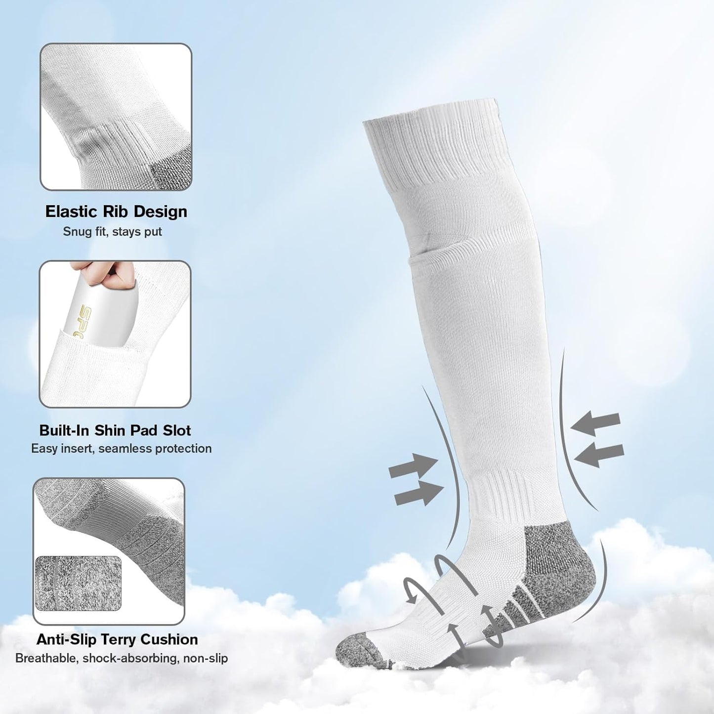 Youth Soccer Shin Guard Socks, Built-in Protective Pads, Kids Knee High Football Athletic Team Socks for Boys Girls