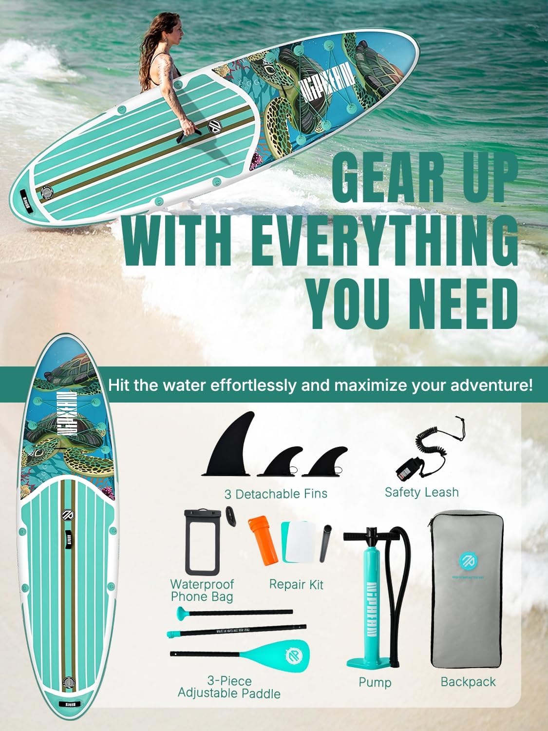 Niphean Inflatable Stand Up Paddle Board with SUP Accessories, Anti-Slip EVA Deck, 10’6’’ Inflatable Paddle Boards for Adults & Youth of All Skill Levels