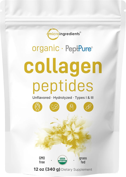 Micro Ingredients Collagen Peptides Powder Organic, 12oz | Type I & III + Natural Protein | Grass-Fed Bovine Source | Unflavored | Supports Skin, Joint & Bone Health | Paleo, Non-GMO