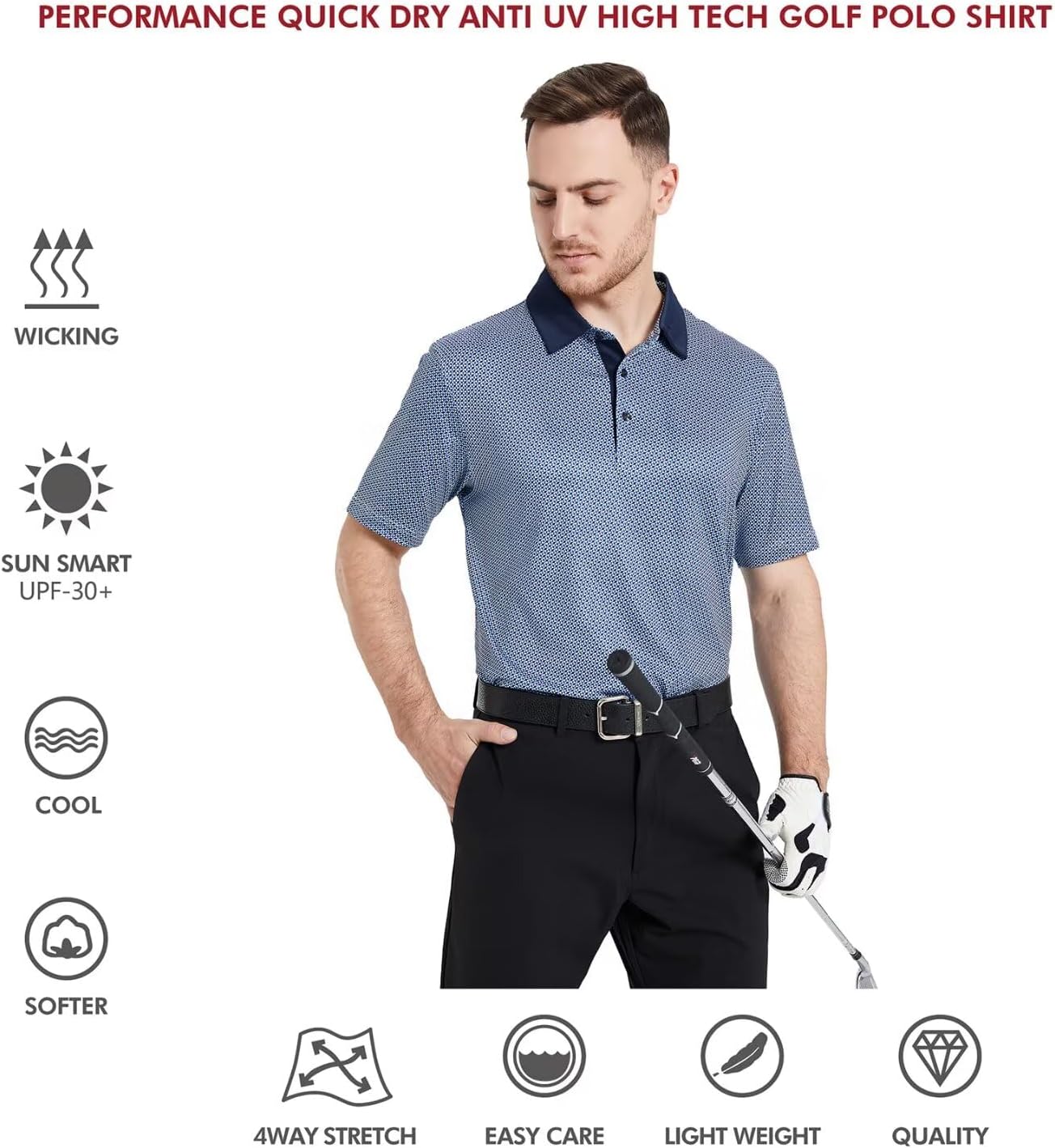 Men's Golf Polo Shirts Short Sleeve Striped Performance Moisture Wicking Dry Fit Golf Shirts for Men