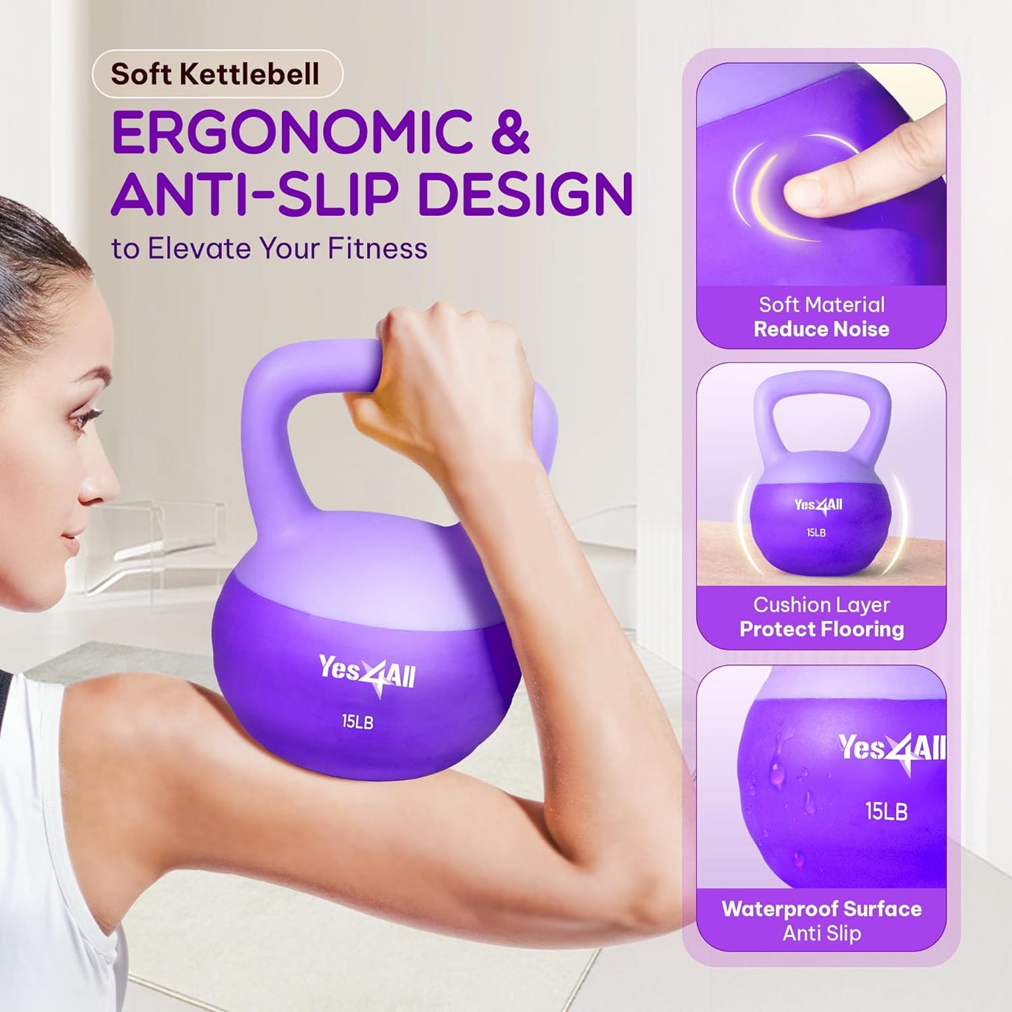 Yes4All Soft Kettlebell, PVC Kettlebells Exercise Weights & Color-Coded Strength Training Kettlebells with 4 Options (5,10,15,20lb), Gentle Hand Weights for Women at Home