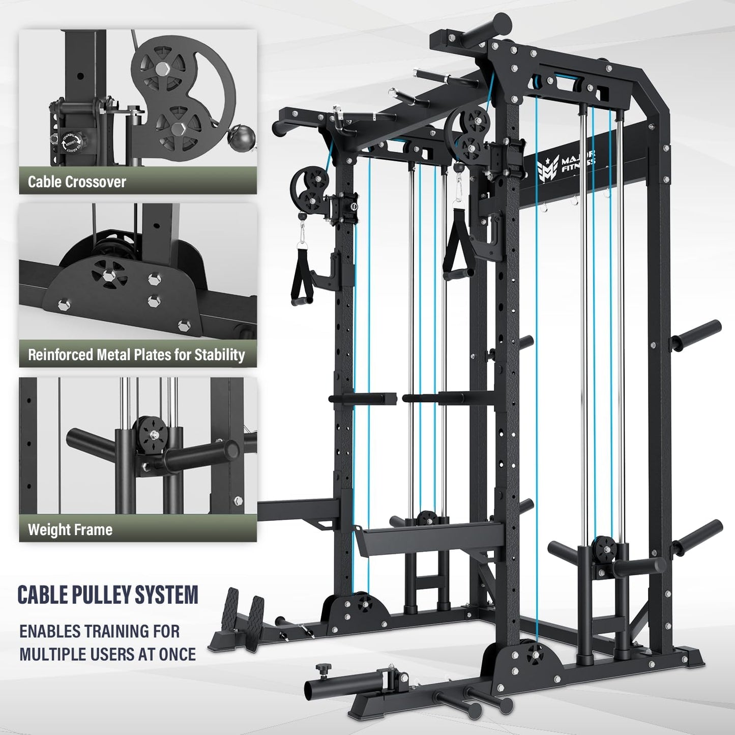 MAJOR FITNESS F22 Multi-Functional Power Rack—1600lbs Capacity All-in-One Squat Rack with Dual Pulley System for Home Gym Strength Training