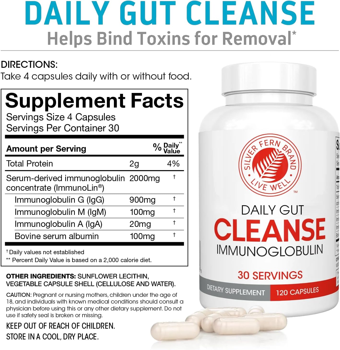 Silver Fern Cleanse - Daily Gut - 2 Bottle - 240 Capsules - 60 Day Supply - Immunoglobulin G, A & M -(IgG, IGA, IgM) - Digestive System & Immune System Support - Postbiotic