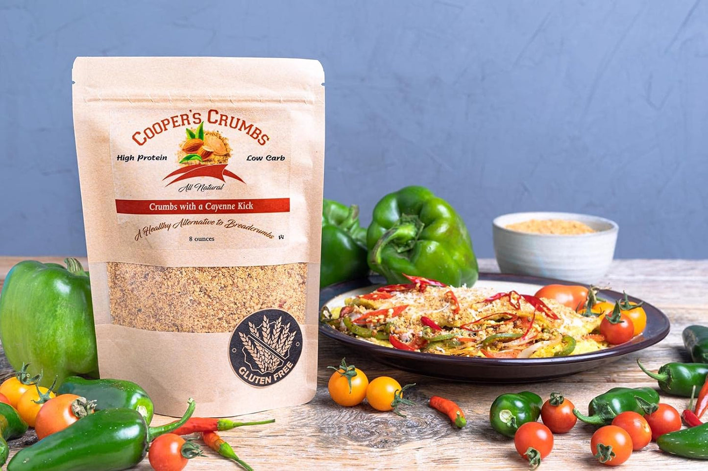 Cooper's Crumbs All Natural Gluten Free Low Carb Bread Crumb Alternative, High Protein, Vegan, Certified Kosher, Paleo, Keto (Crumbs with a Cayenne Kick)