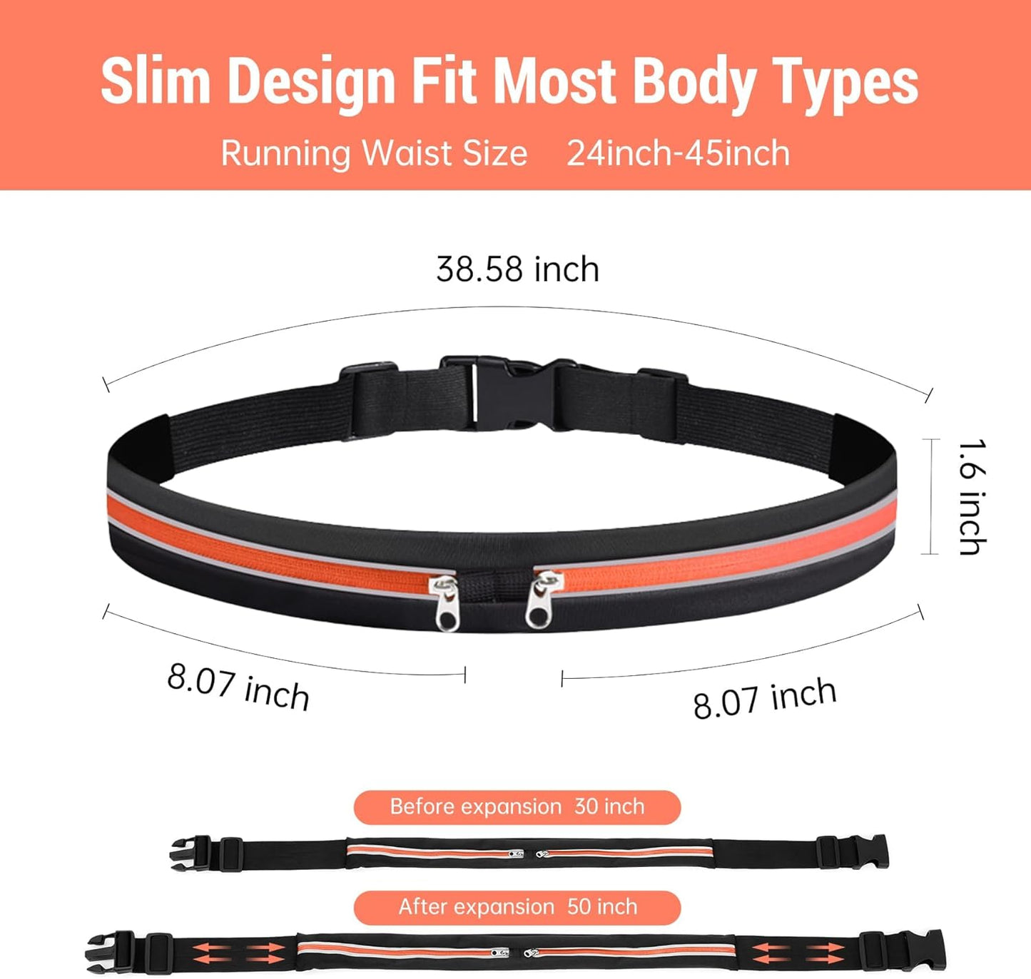Slim Running Belts for Women Men - Running Phone Holder Fanny Pack for Key, Accessories Fits ALL Cell Phones, Orange