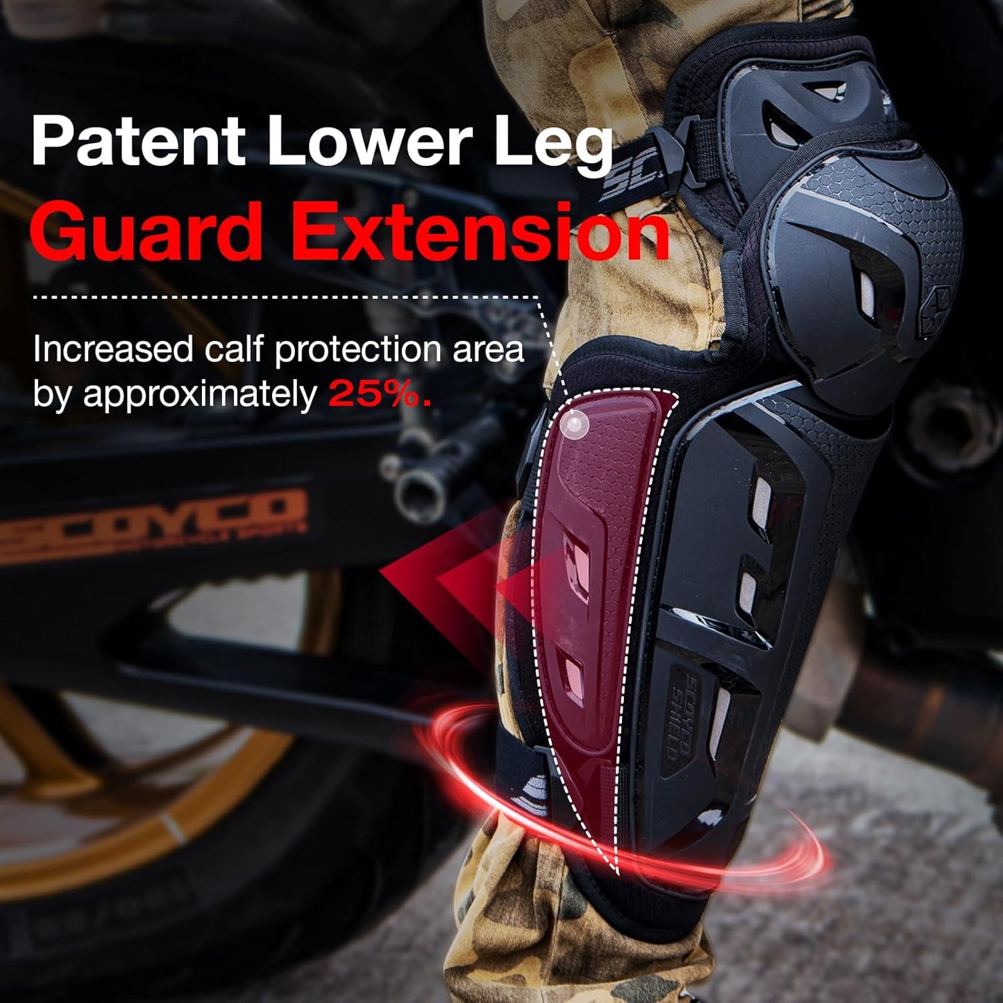 Scoyco Motorcycle Knee Shin Guards for Men - CE Level 1 Motocross Knee Pads Protective Gear with 45°-180° Knee Flexibility Design and Adjustable Elastic Band