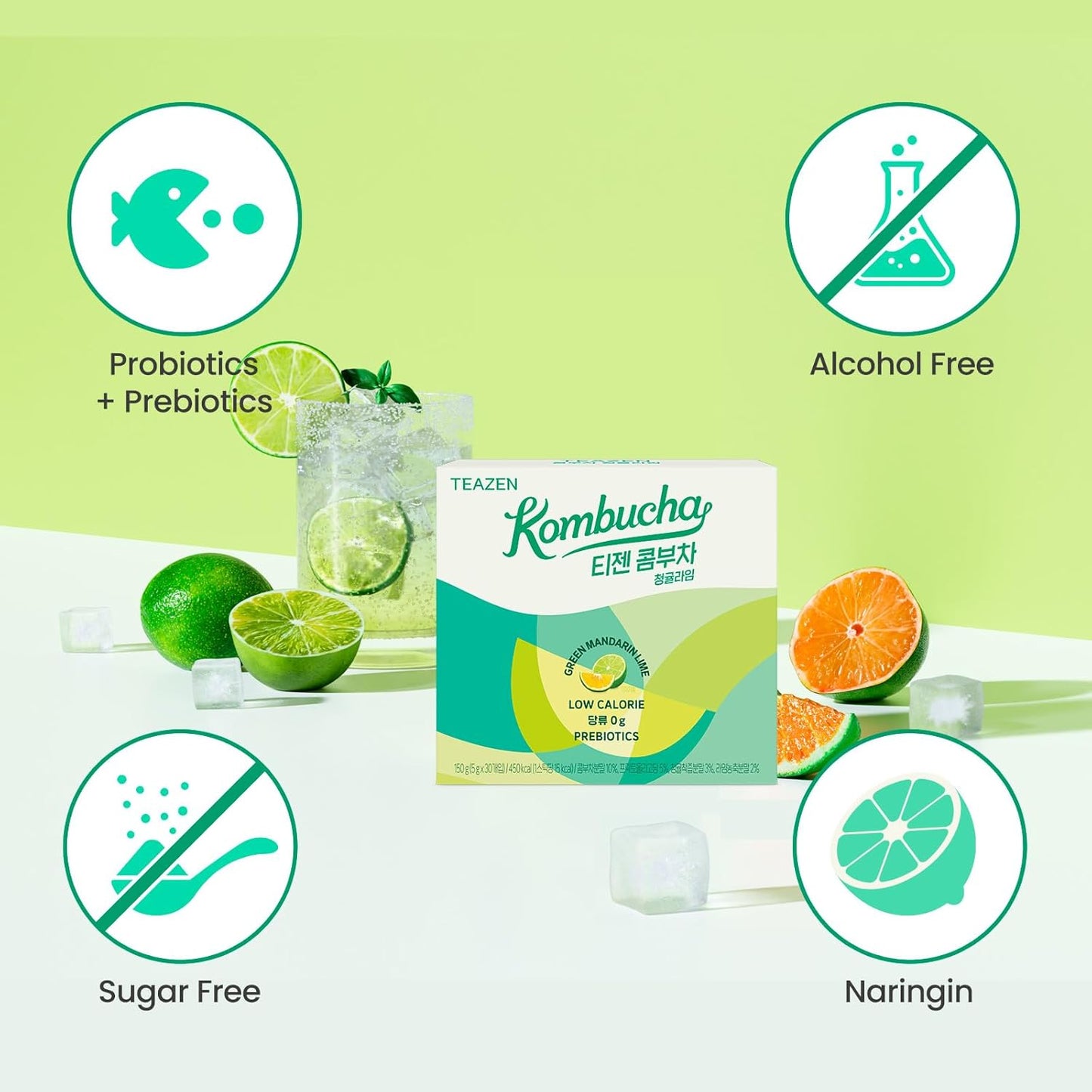 TEAZEN Green Mandarin Lime Kombucha Tea, Hydration Drink Mix, Sugar Free, Live Probiotics & Prebiotics, 30 Sticks, 5.29oz