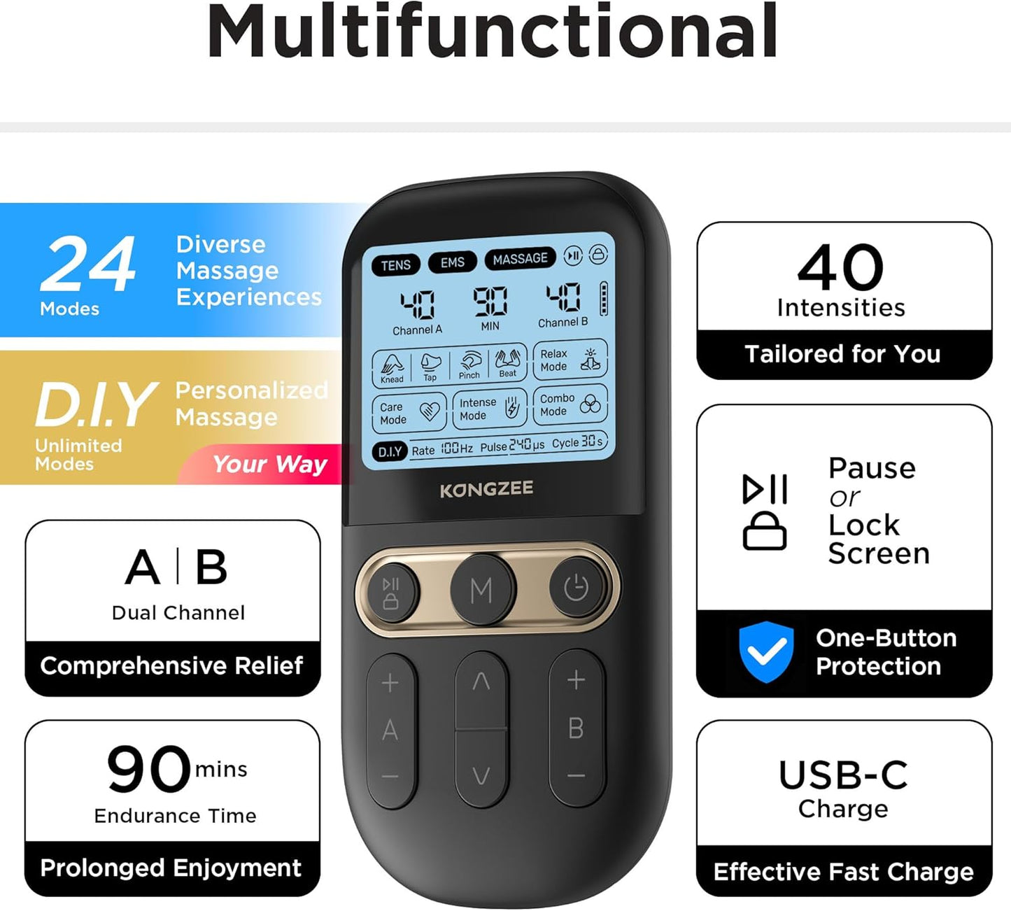 4 in 1 - D.I.Y & Tens Unit & EMS & Massage Muscle Stimulator, Dual Channel TENS Units Therapy Machine for Pain Relief, FDA Cleared Rechargeable Electronic Pulse Massager,with 12pcs Electrode Pads