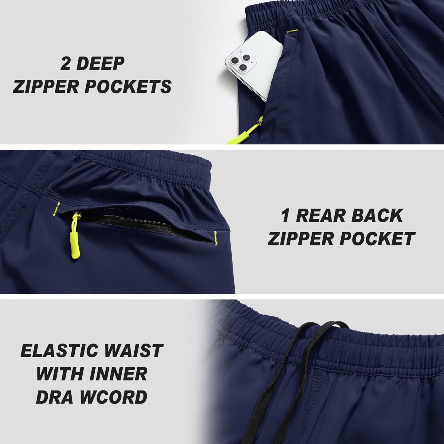 Men's Gym Shorts Sports Quick Dry Workout Running or Casual Training Short with Zipper Pockets