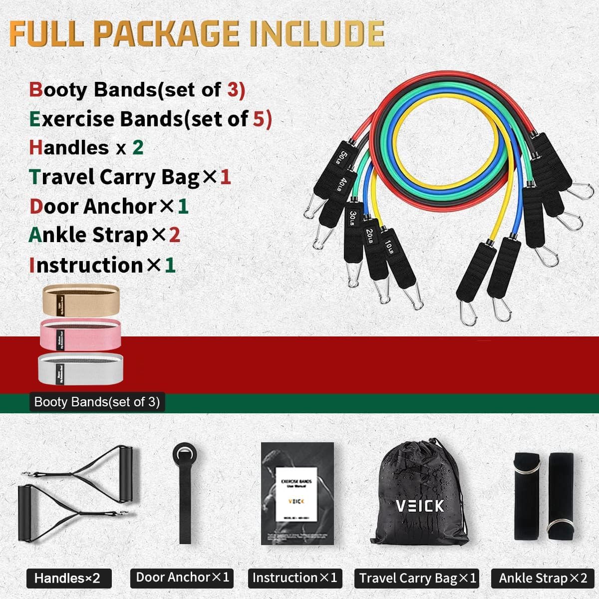 VEICK Resistance Bands, Exercise Bands, Workout Bands, Resistance Bands for Working Out with Handles for Men and Women, Exercising Bands for Fitness Weights Work Out at Home