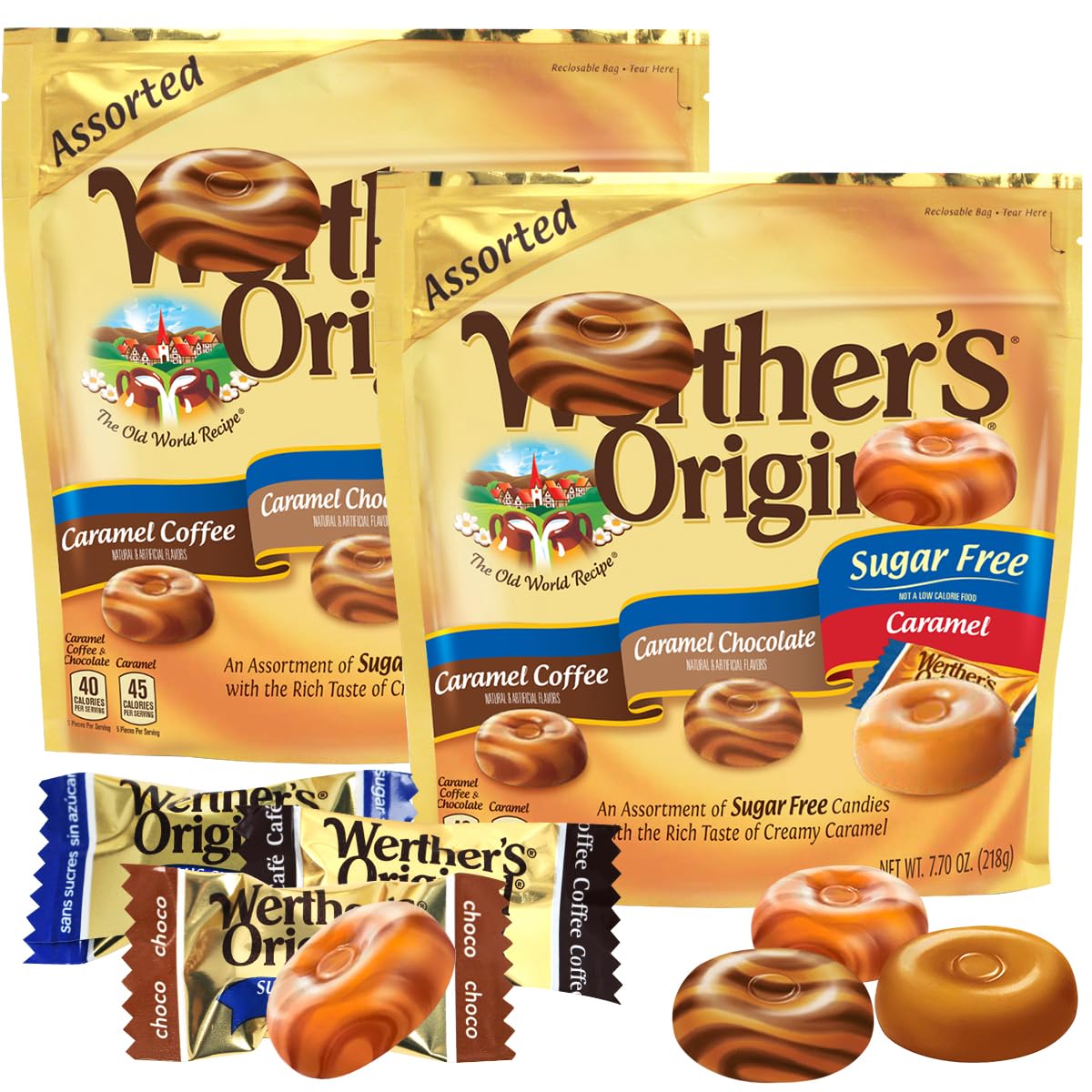 Werther'sOriginal Caramel Hard Candy Assorted Flavors, 2 Pack of Individually Wrapped Sugar Free Werther'sHard Candy, 7.7oz Each, Perfect Werthers Candy for Sharing or Stocking Up