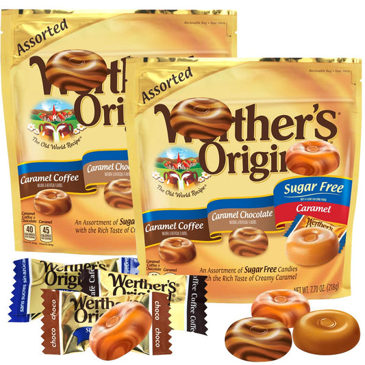 Werther'sOriginal Caramel Hard Candy Assorted Flavors, 2 Pack of Individually Wrapped Sugar Free Werther'sHard Candy, 7.7oz Each, Perfect Werthers Candy for Sharing or Stocking Up