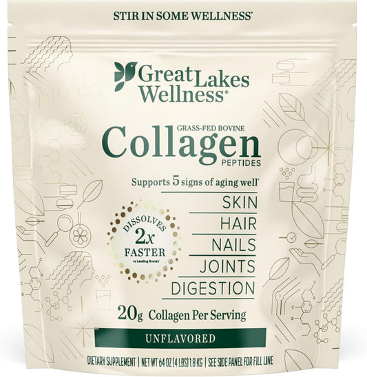 Great Lakes Wellness Collagen Peptides Powder for Skin, Hair, Nails, Joints & Digestion - Unflavored - Quick Dissolve Hydrolyzed, Non-GMO, Keto, Kosher - 4 lb. Value Pouch