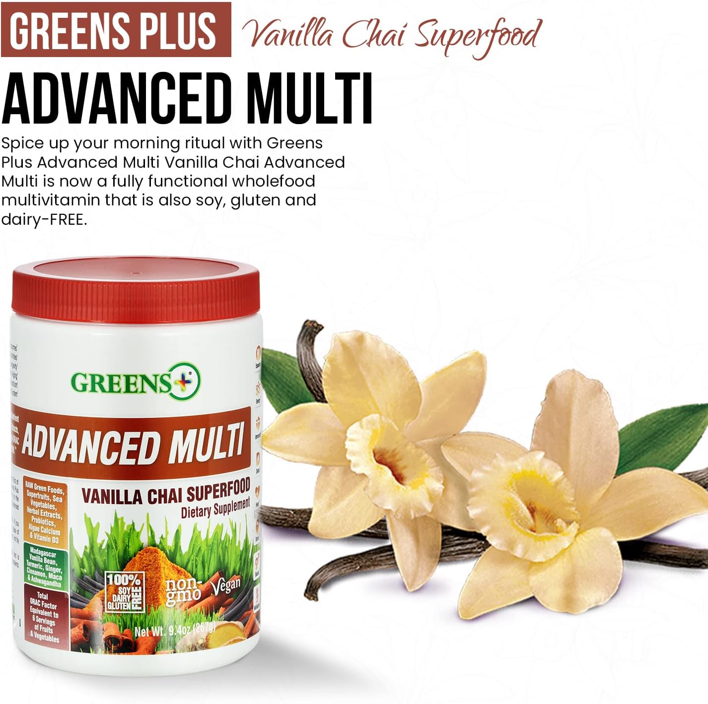 Greens+ Advanced Multi Vanilla Chai Superfood Powder, Organic Healthy Blend for Morning Vitality, Nutrition, Vibrant Health, Dietary Supplement, Vitamins Minerals, Vegan, Soy/Dairy/Gluten Free(9.4oz)