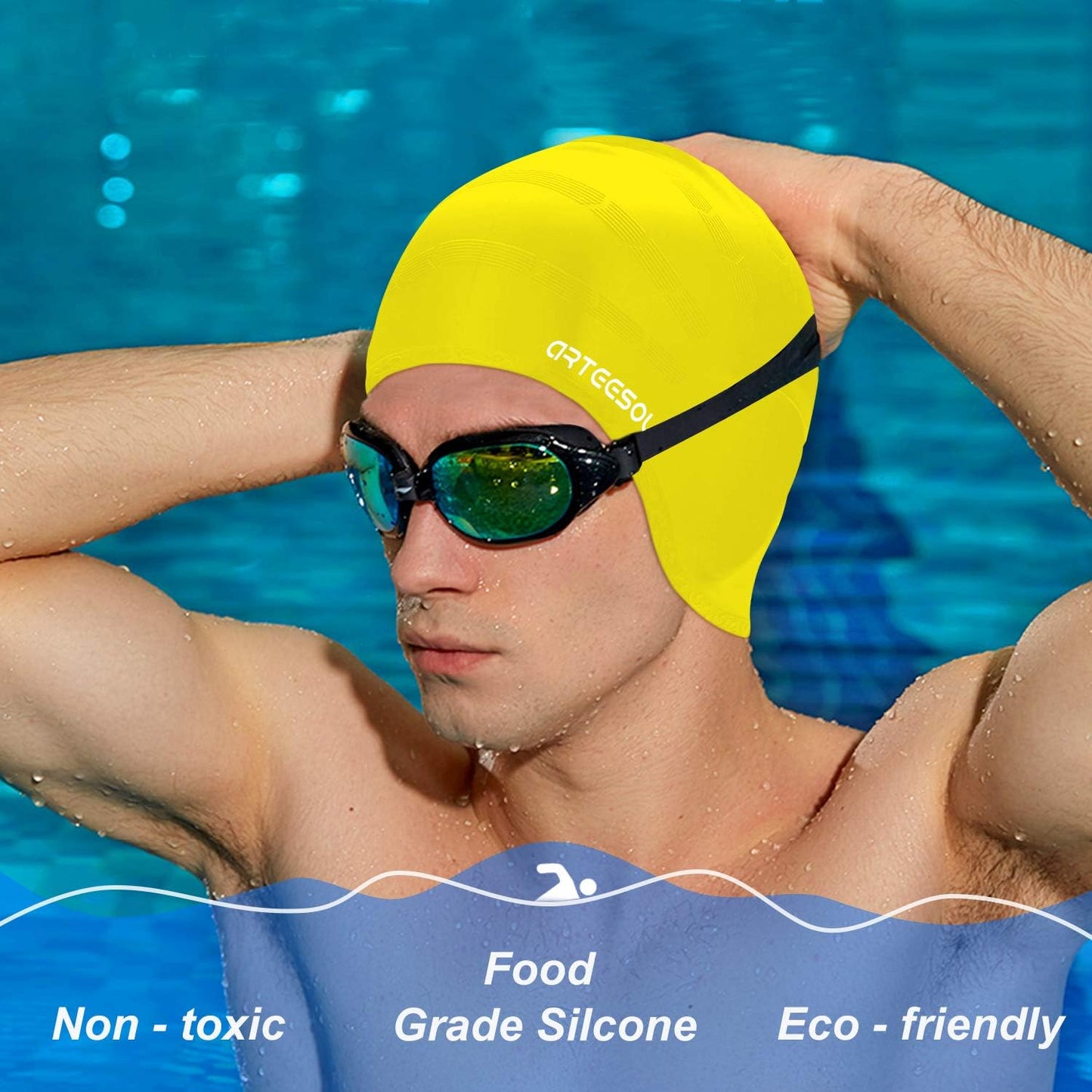 Swimming Cap, Silicone Swim Cap for Women Men, Durable Non-Slip Waterproof Swim Cap Protect Ears, Long Hair for Adults, Older Kids