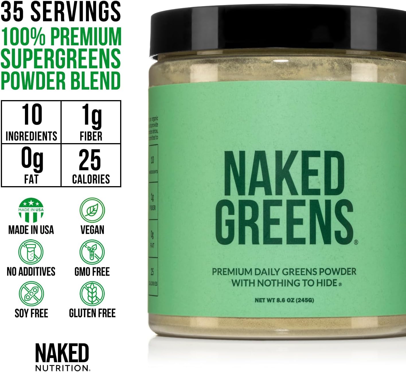NAKED Super Greens Powder Organic Greens Supplement - Only 10 Premium Ingredients - Vegan, Non-GMO, Prebiotic and Probiotic - 35 Servings