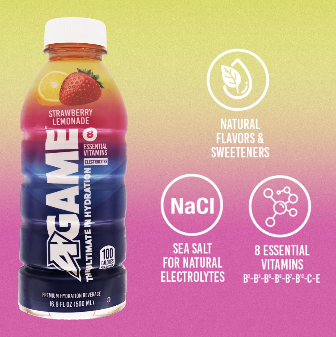 A-GAME Sports Drink, Strawberry Lemonade, The Ultimate Hydration Sports Beverage for Athletes, 8 Essential Vitamins including B, C, & E plus Natural Sea Salt Electrolytes, All Natural Flavors & Sweeteners, Gluten Free, 16.9 Fl Oz (Pack of 12)