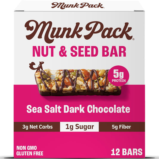 Munk Pack Nut & Seed Snack Bars - 5g Protein, 1g Sugar, 3g Net Carbs, Low Sugar, Keto, and Gluten Free Snack for Adults and Kids, Sea Salt Dark Chocolate – 4.92 oz, 12 Pack
