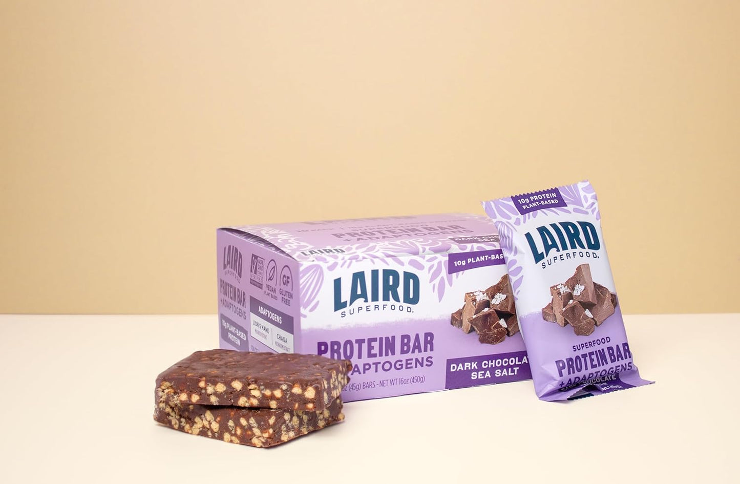 Laird Superfood Functional Protein Bars – Protein Bar but Better with Real Ingredients, Functional Mushrooms 10g Plant-Based Protein, 6g Fiber - Non-GMO - Dark Chocolate Sea Salt, 10 Count (Pack of 1)