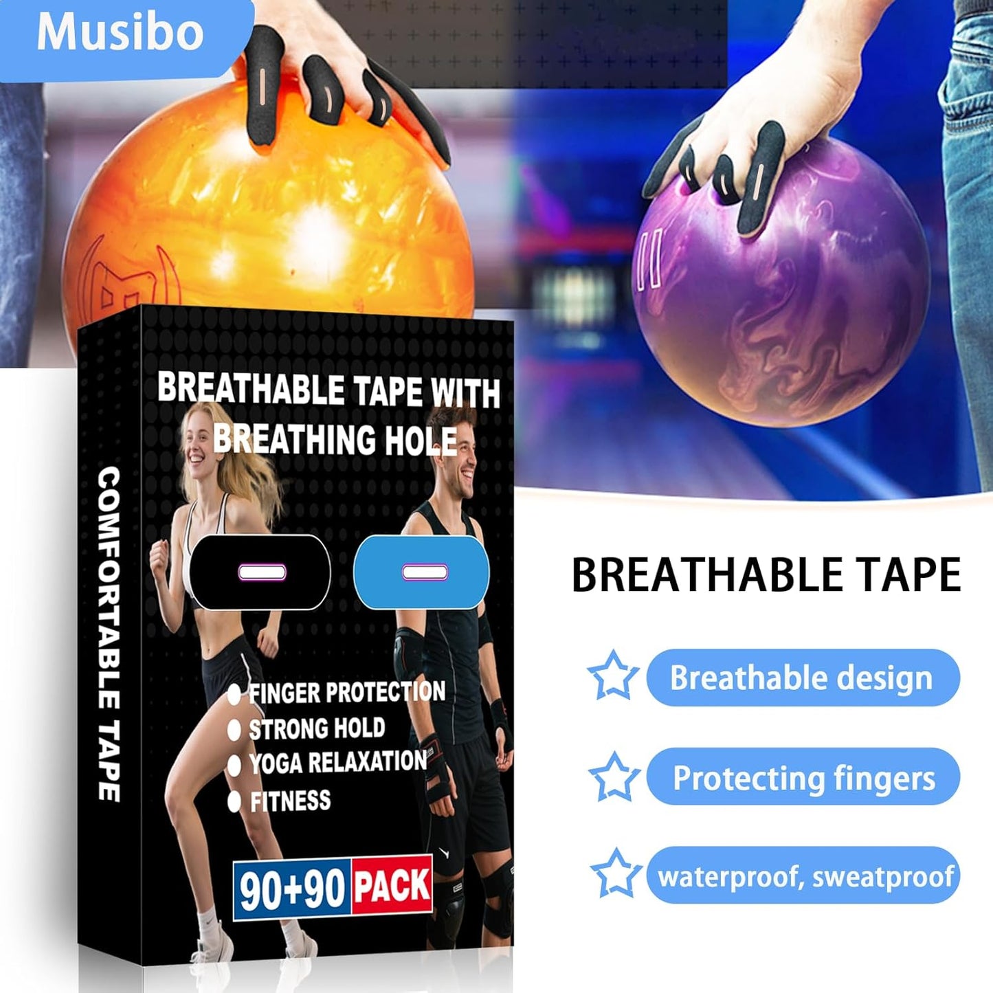 180 PCS Bowling Thumb Tape with Breathing Holes - Breathable & Sweat Proof Sports Tape for Men Women, Finger Grip Protection for Bowling, Yoga, Fitness (Black & Blue)