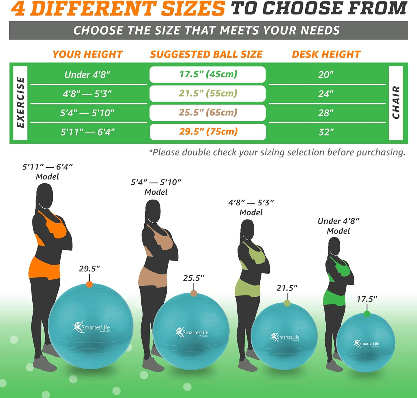 SmarterLife Exercise Ball Yoga Ball for Fitness, Balance, Stability, or Pregnancy, Gym Ball for Core Workout, Physical Therapy, Yoga Ball Chair for Office, Anti-Slip Anti-Burst