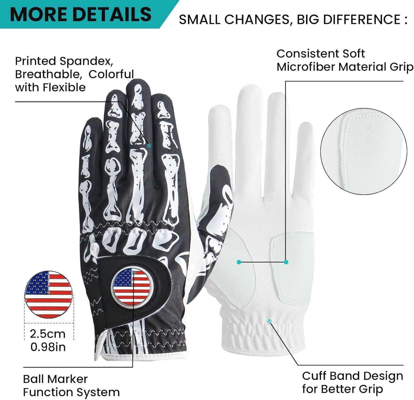 FINGER TEN Golf Gloves Men Right Handed Golfer Left Hand with Ball Marker 2 Pack Leather Breathable Comfortable Weathersof Grip Size Small Medium ML Large XL