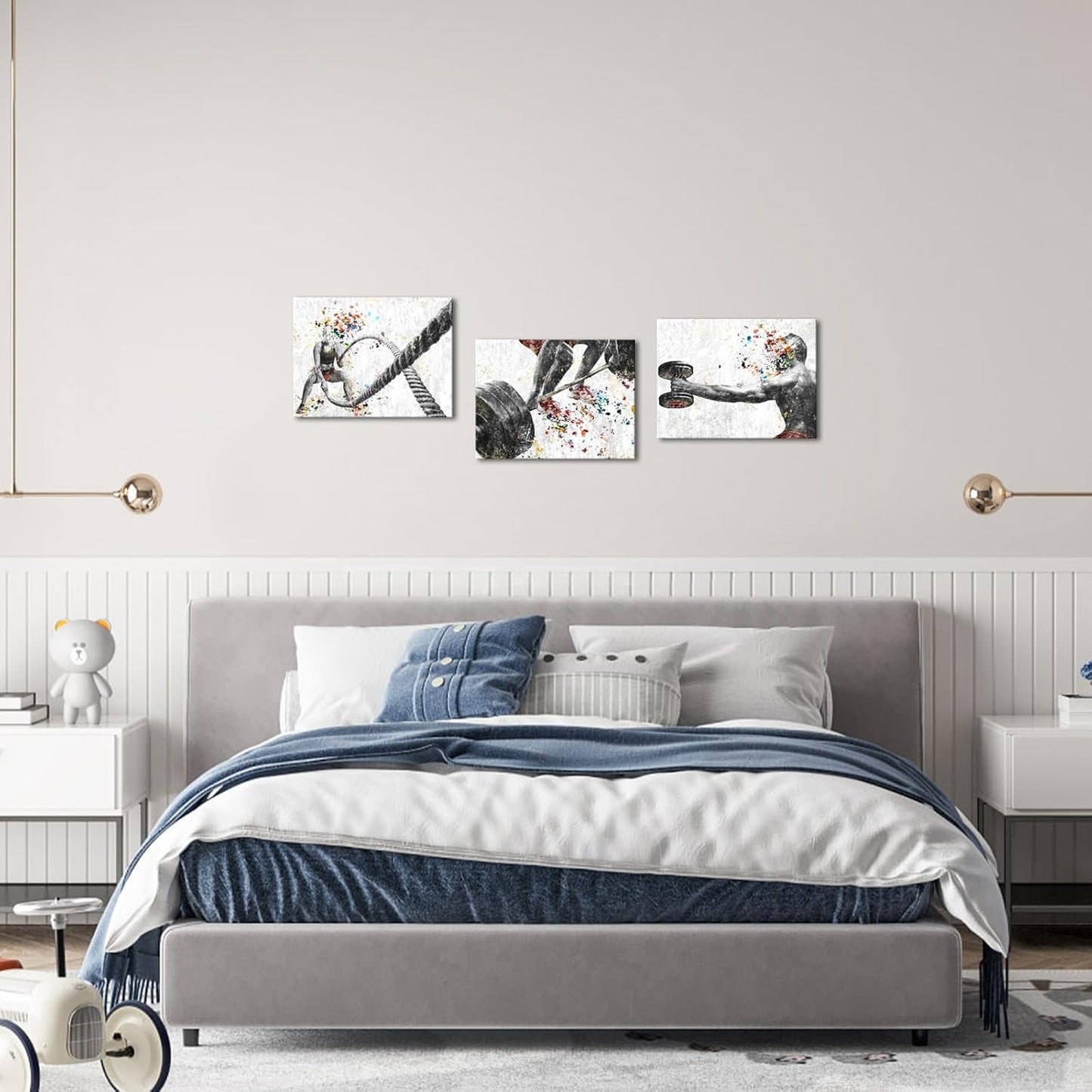 KREATIVE ARTS 3 Pieces Fitness Gym Canvas Wall Art - 12"x16" Framed Workout Prints with Weightlifting, Dumbbell, Barbell & Fitness Rope Motifs, Black & White Sport Painting, Home Gym Decor